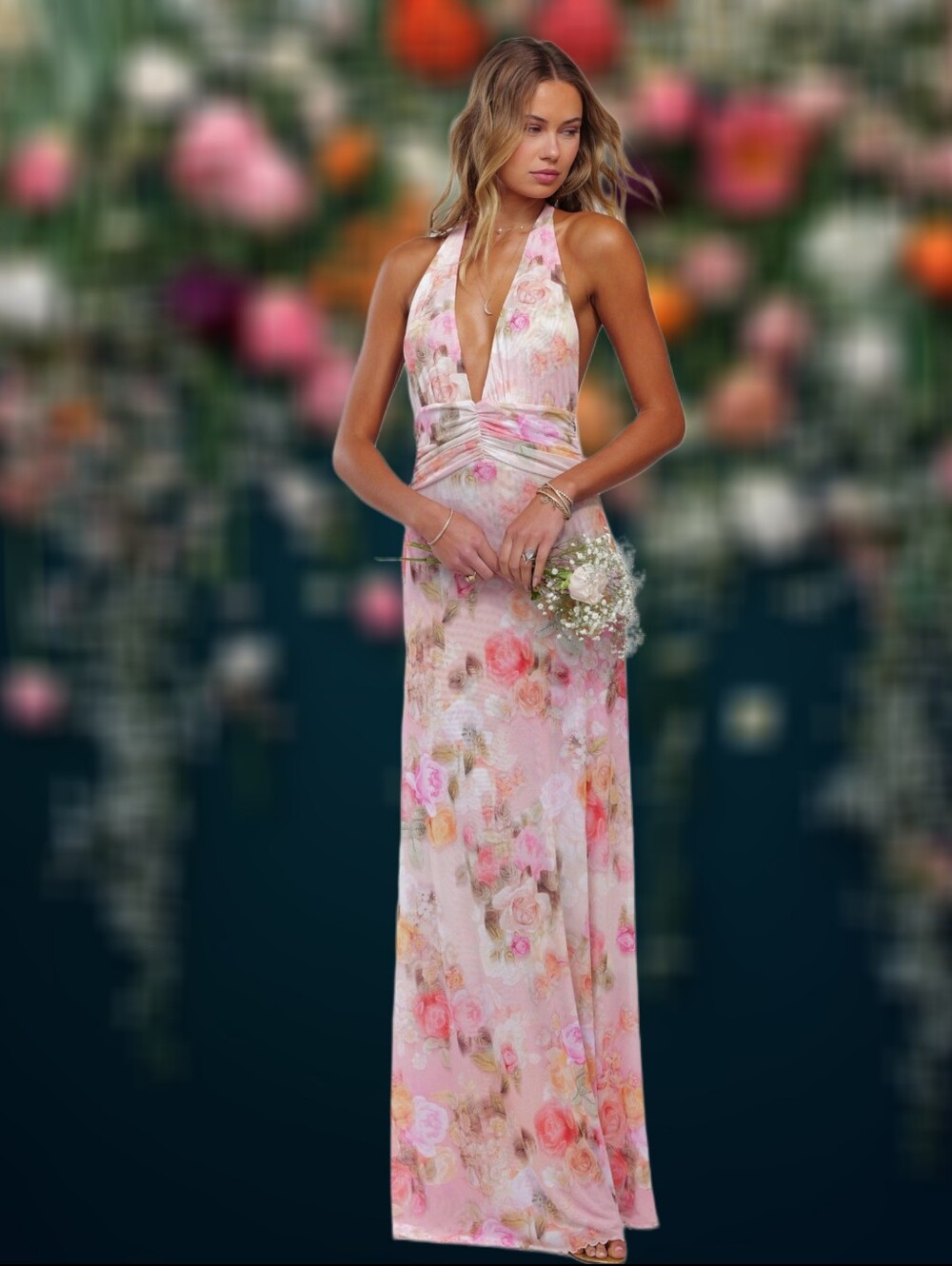 RESA Made in Los Angeles Mesh Maxi Halter Dress in Peachy Florals